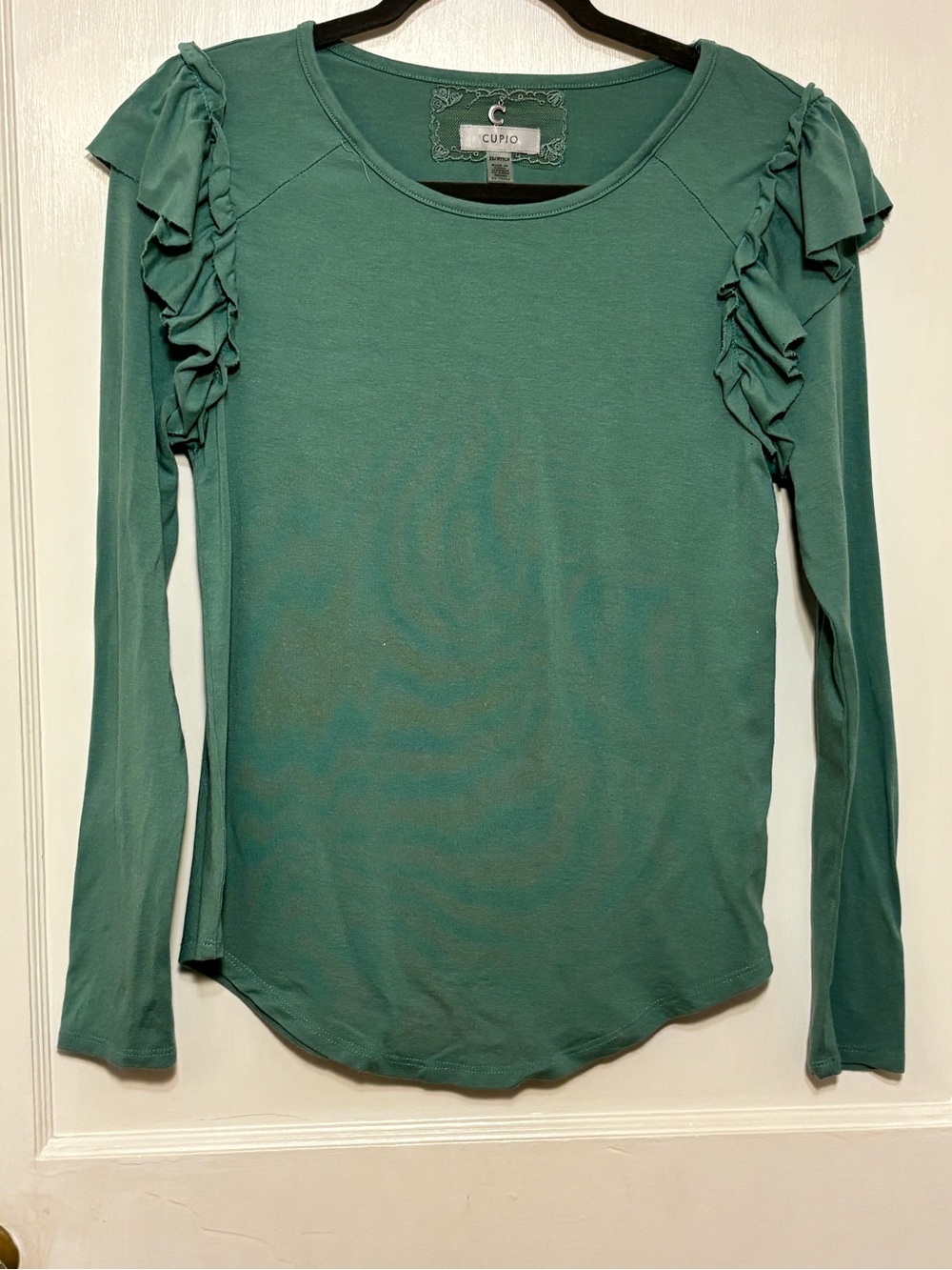 Cupio Teal Long Sleeve Ruffle Shoulder Top